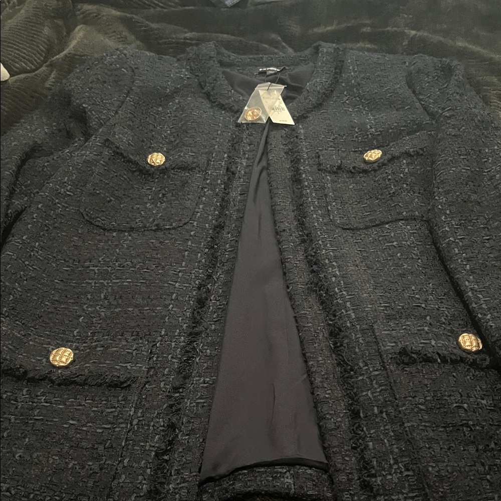 Express Navy Blue Textured Blazer with Gold Buttons